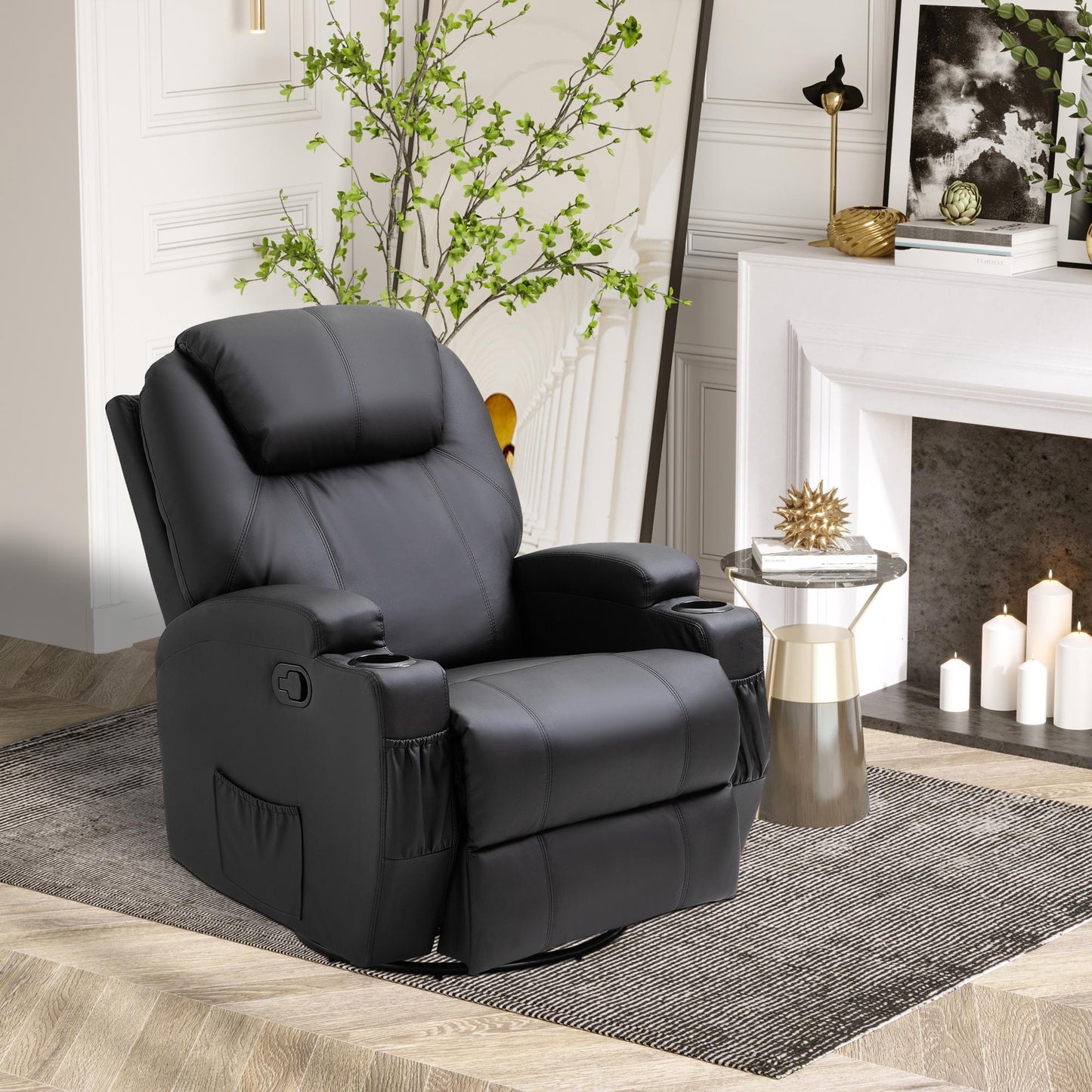 HOMCOM Recliner Chair, Recliner Massage Rocker Chair with 360Â° Rotate, 165Â° Reclining Function, Adjustable Footrest, Swivel Armchair Single Sofa for Living Room with Drink Holders, Side Pockets, Black