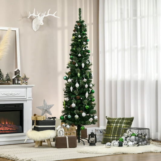 HOMCOM 6.5FT Tall Pencil Slim Artificial Christmas Tree with Realistic Branches, Tip Count and Pine Cones, Pine Needles Tree, XmasÂ Decoration, Green