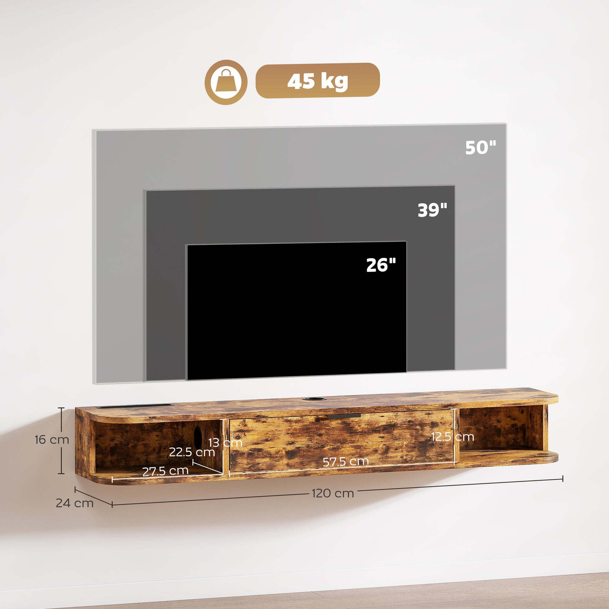 HOMCOM 120 cm Floating TV Unit for TVs up to 50 Inch - Rustic Brown