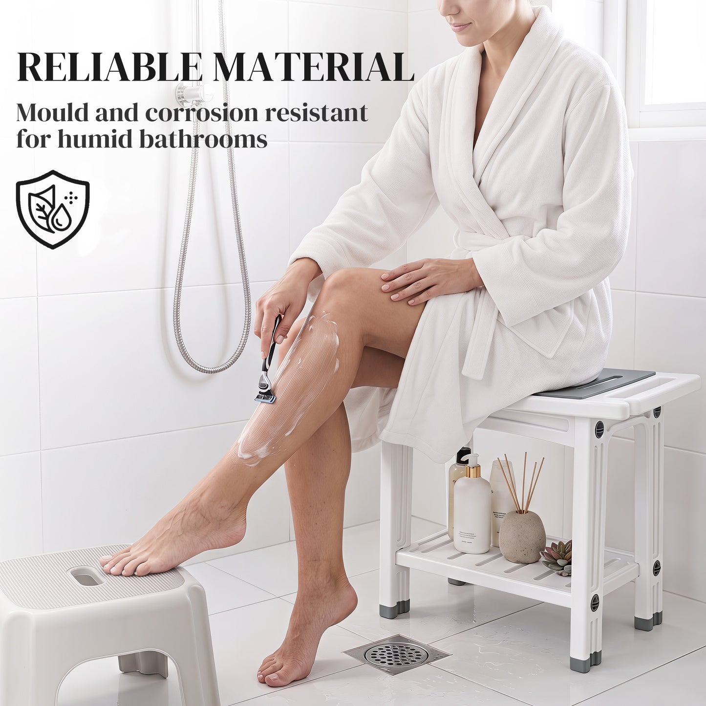HOMCOM Shower Bench 2-Tier Shower Stool Bathroom with Shelf White and Grey
