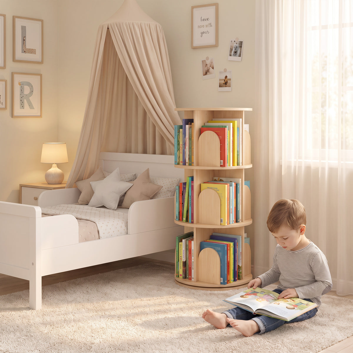 AIYAPLAY 3-Tier Rotating Bookcase, Round Kids Bookshelf Floor Standing 360Â° Rotating for Bedroom, Kids Room and Playroom, Natural