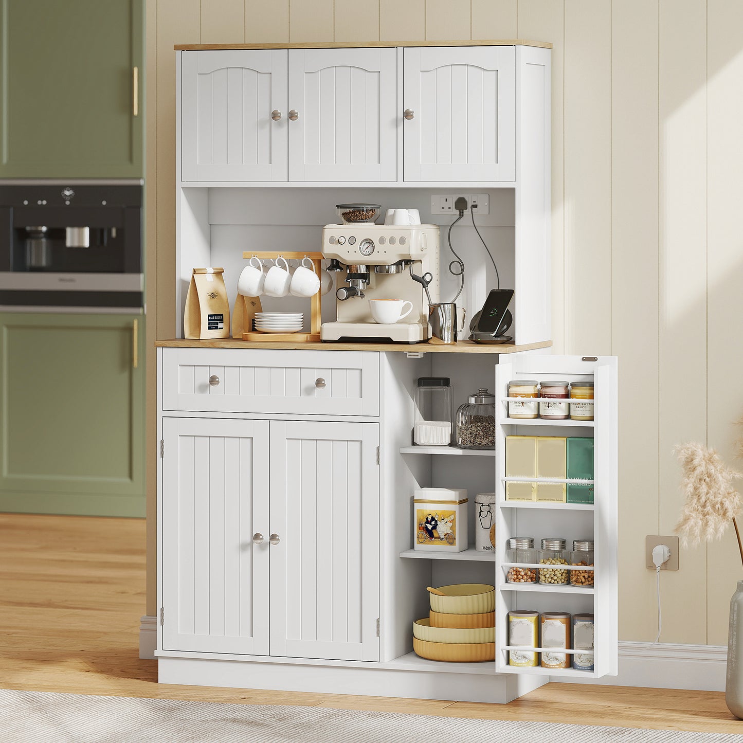 HOMCOM 173 cm Tall Kitchen Cupboard with Charging Station, Pantry Storage Cabinet with Adjustable Shelves and 5 Door Racks