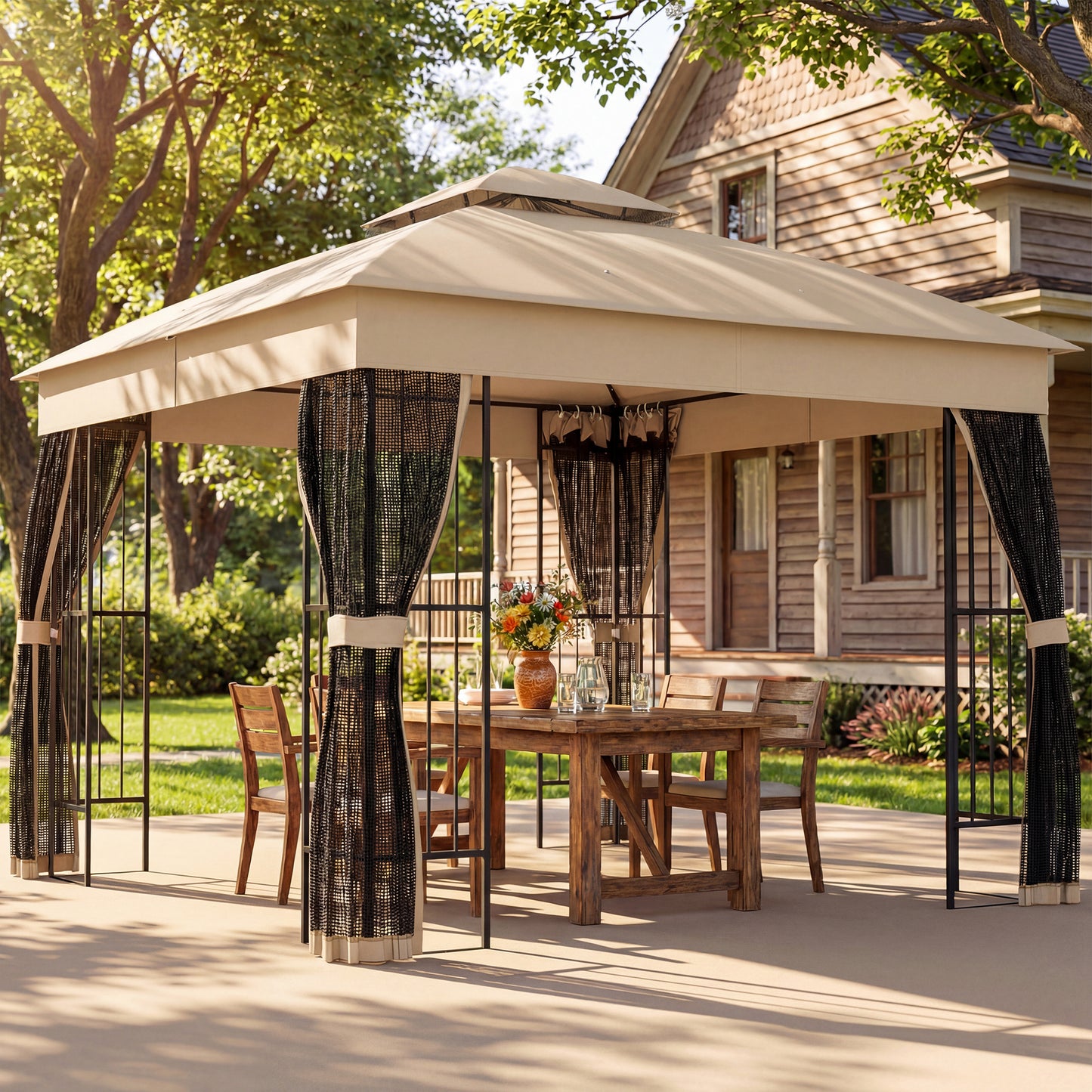 Outsunny 3 x 3 m Outdoor Garden Gazebo with Post Shelves, UPF50+ DoubleÂ Roof Patio Permanent Pavilion, Brown