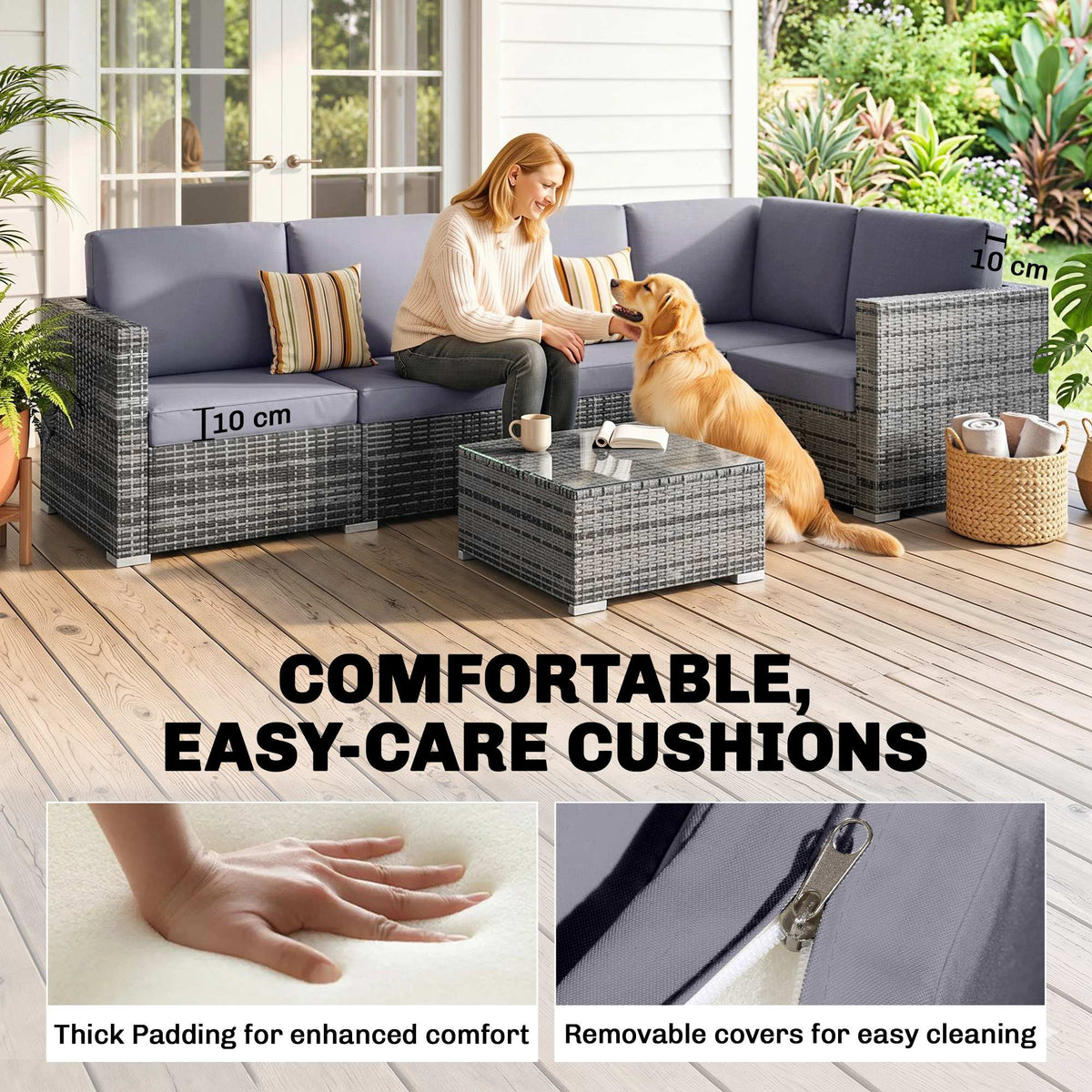 Outsunny Luxury 5 Seater Rattan Garden Furniture Set, 4 Pieces Outdoor Patio Conversation Set with Wide Seats, 220gsm Polyester Cushions, Tempered Glass Table, Corner Sofa, Loveseat, Grey