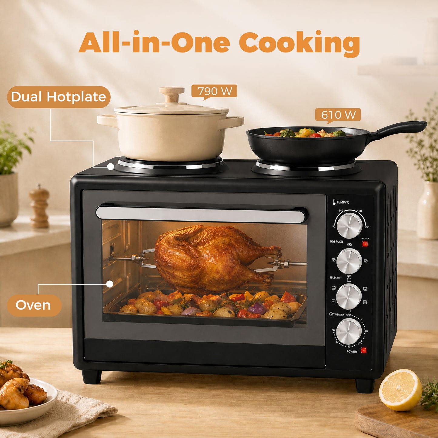 HOMCOM 46L Mini Oven with Dual Hot Plates, Electric Countertop Cooker with Convection, 90â€“230Â°C Adjustable Temperature