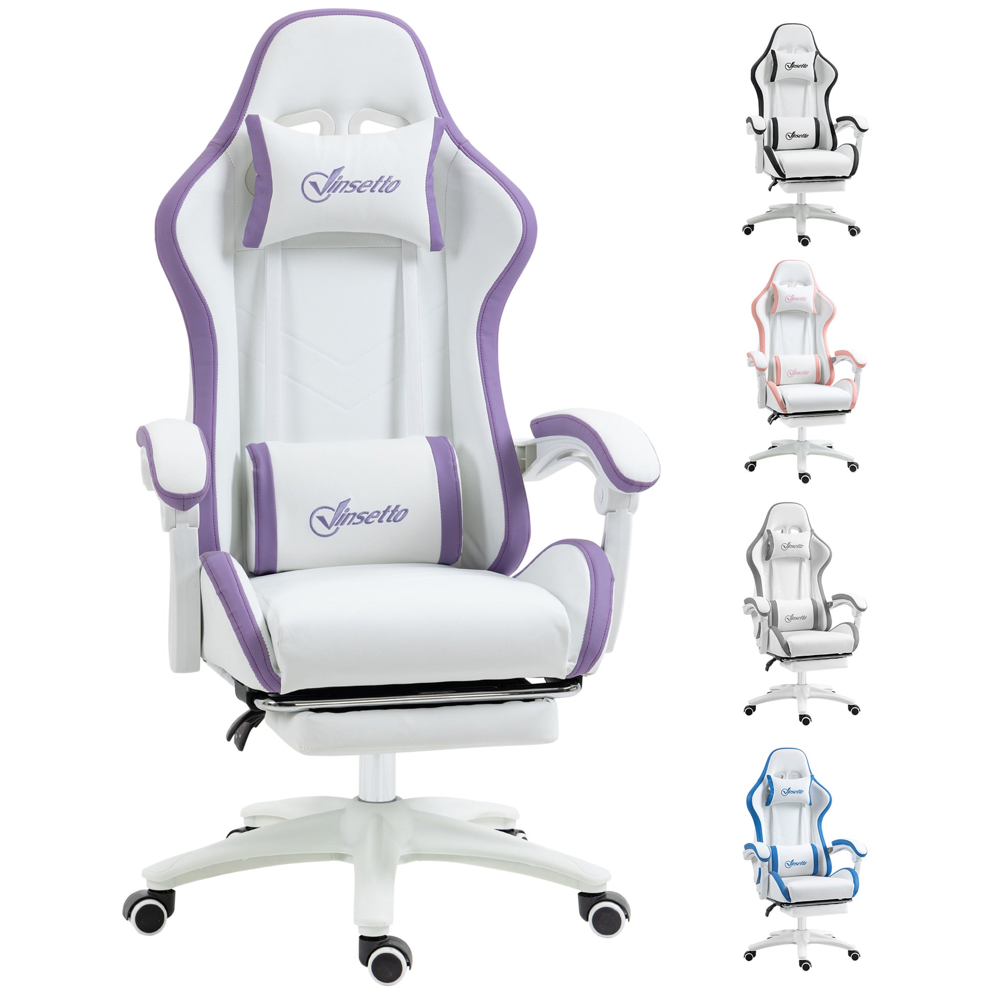 Vinsetto Computer Gaming Chair, PU Leather Office Desk Chair with Footrest, Swivel Wheels, 135Â° Reclining Back, Lumbar Support, Headrest for Home, White and Purple