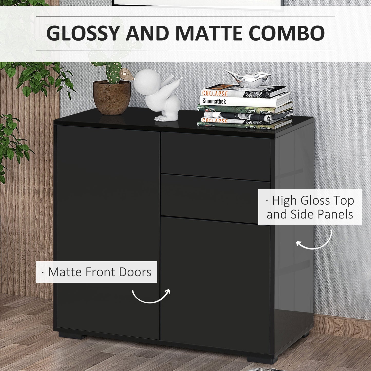 HOMCOM High Gloss Frame Sideboard, Push-Open Design with 2 Drawers for Living Room, Bedroom, 74H x 79W x 36Dcm, Black