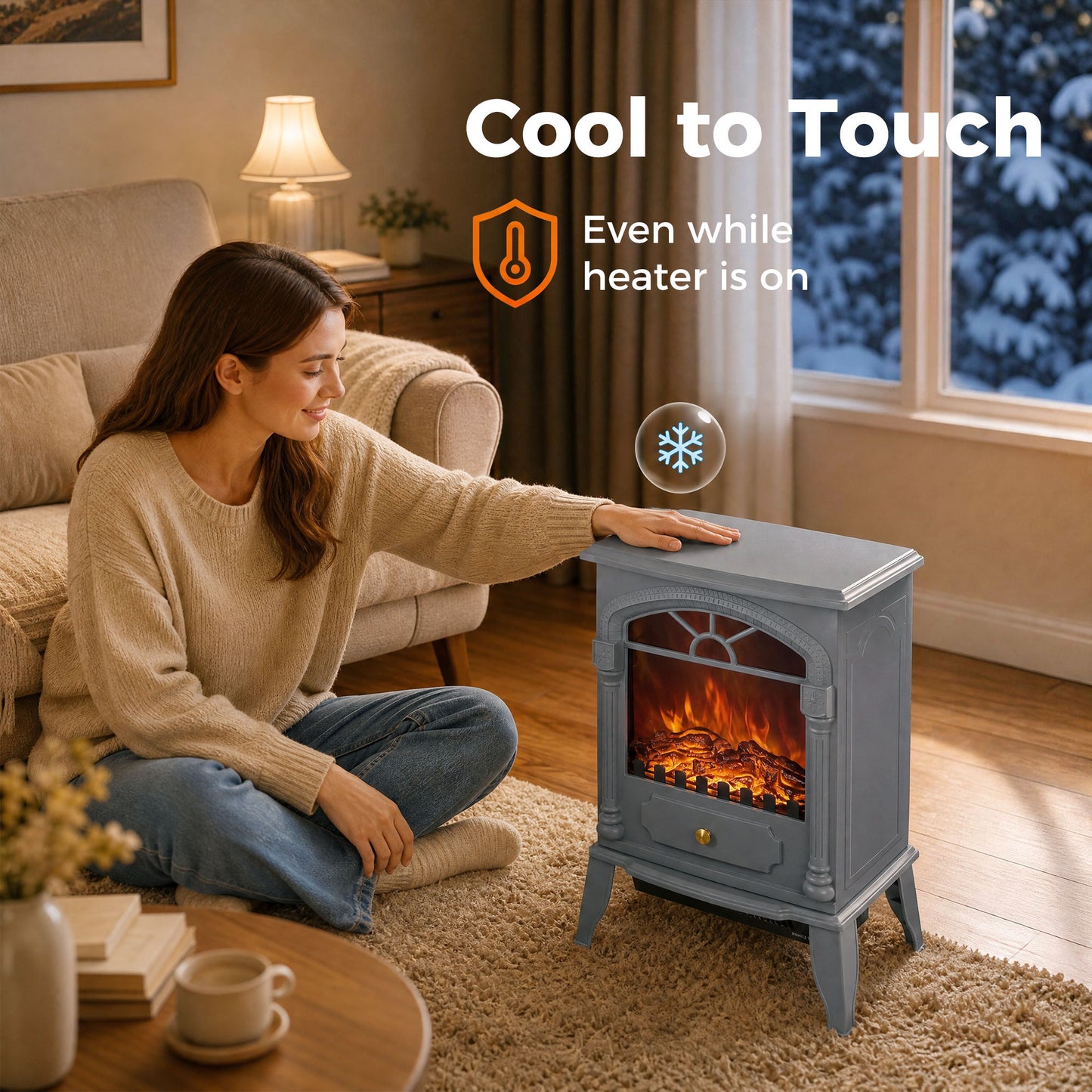 HOMCOM Freestanding Portable Fireplace, Electric Fireplace Stove Heater with 3D Flame Effect and Adjustable Thermostat, Grey