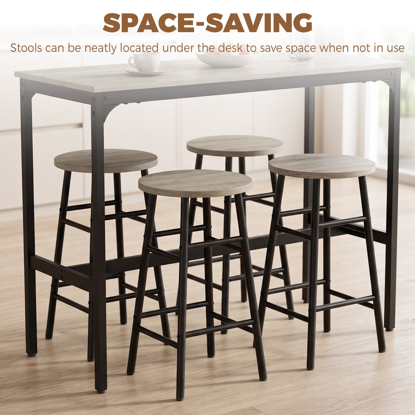 HOMCOM 5 Piece Bar Table Set with 4 Stools, Industrial Bar Table and Stool Set, Dining Table and Chair Set, Grey