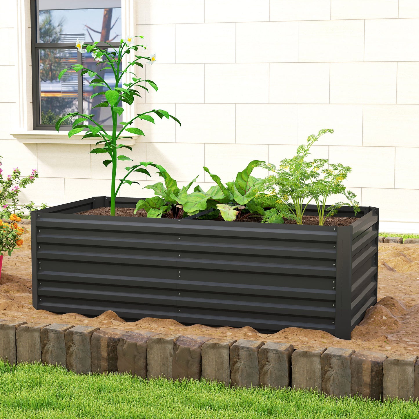 Outsunny Raised Beds for Garden, Galvanised Steel Outdoor Planters with Multi-reinforced Rods, 180 x 90 x 59 cm, Black