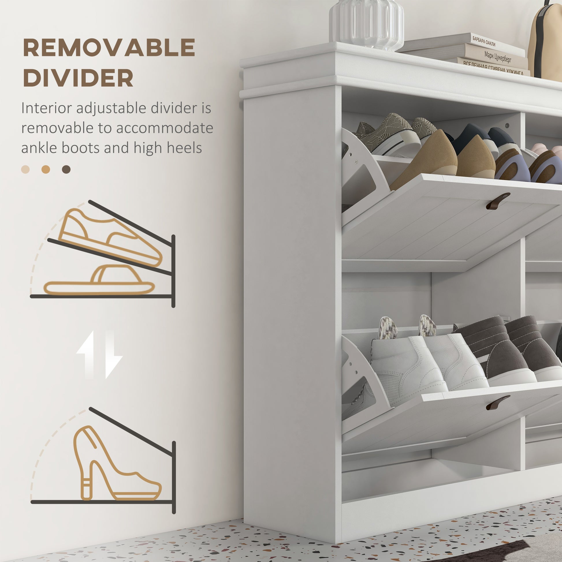HOMCOM Slim Shoe Cabinet, Shoe Cabinet with 4 Drop-Down Drawers, 105W x 24D x 82.5H cm, White