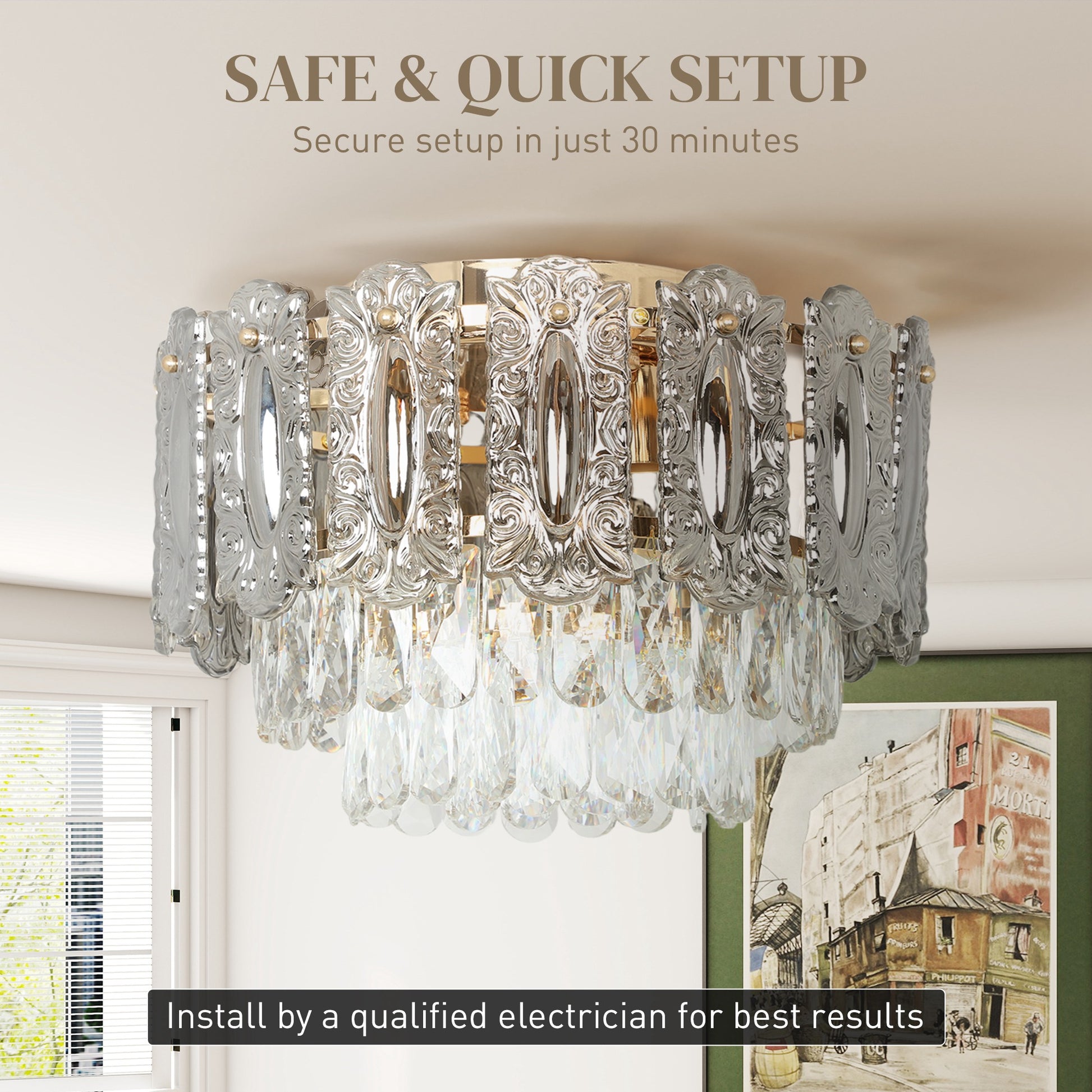 HOMCOM Chandelier Ceiling Light, 3-Light Vintage Flush Mount Fixture with Dual Crystal and Smoke Glass Shade, LED Ceiling Light for Living Room Bedroom, 3 E14 Sockets, Bulbs Not Included, Gold Tone