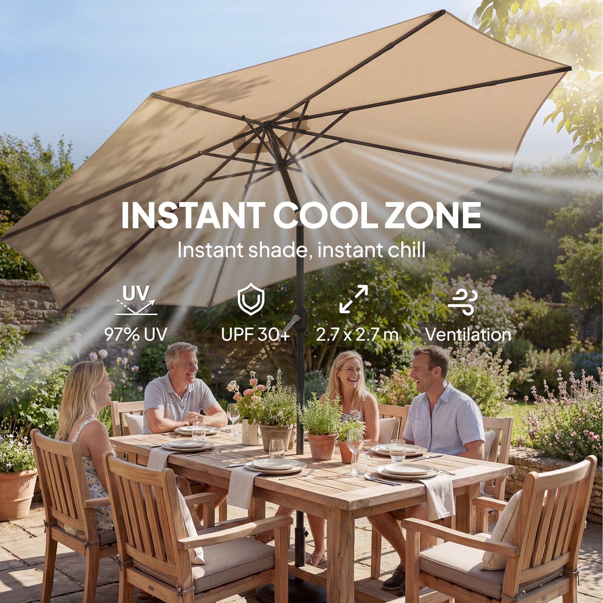 Outsunny 2.7 m Garden Parasol Umbrella with Cross Base and Sandbag, Retractable Ribs, Outdoor Table Market Umbrella, Khaki