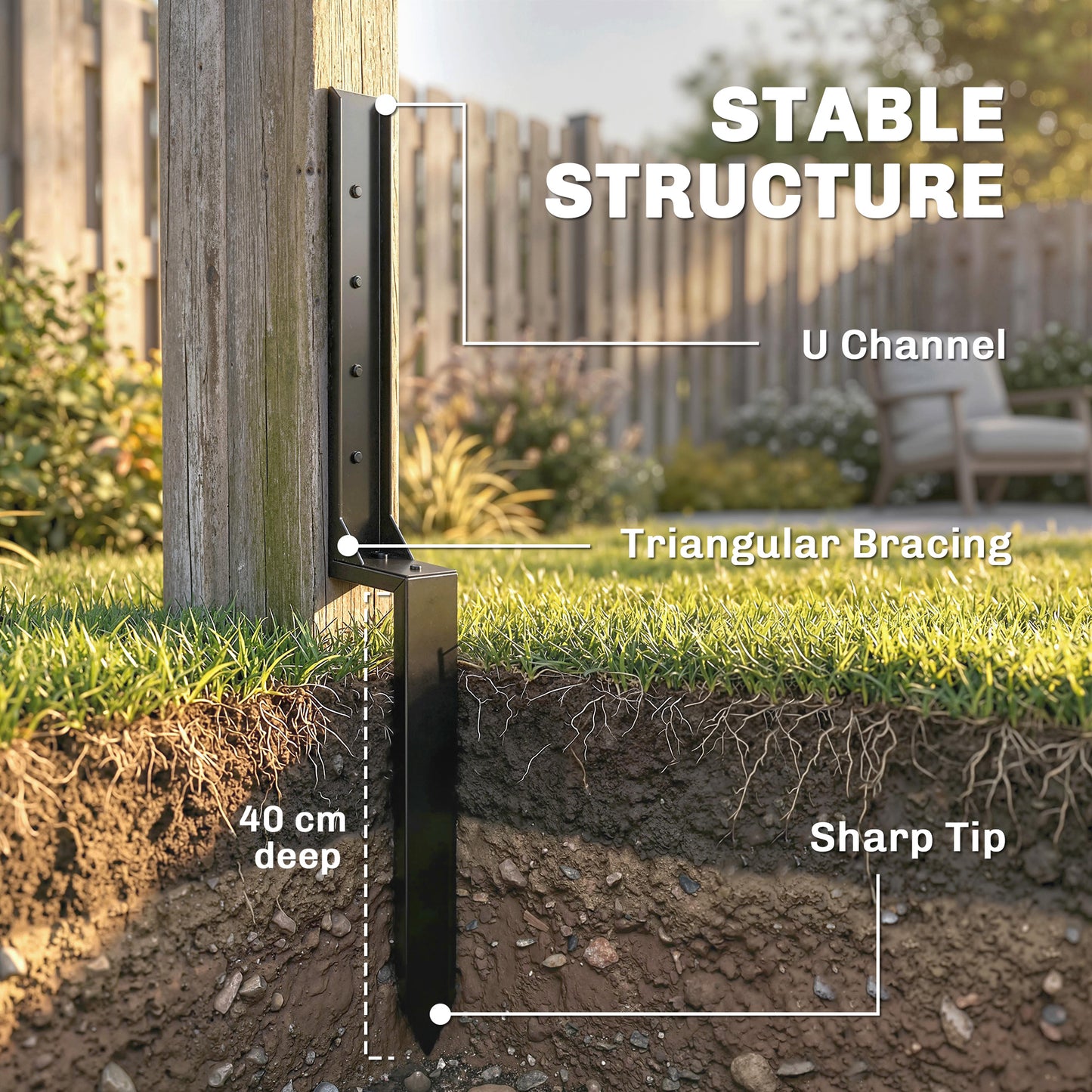 Outsunny 2 Pack Fence Post Repair Kit, 81 cm Metal Fence Post Support with Drill, Garden Ground Spikes for Broken Gate, Posts