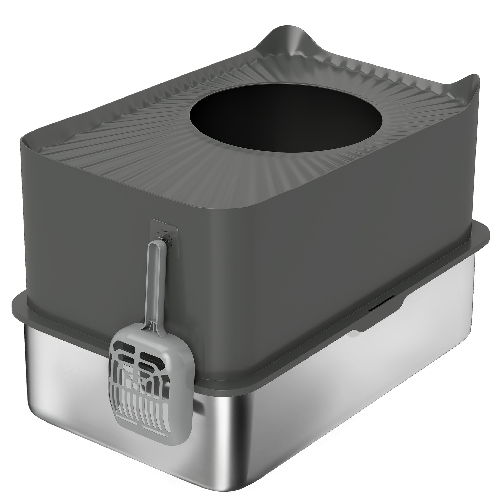 PawHut Stainless Steel Cat Litter Tray, Extra Large Enclosed Litter Box with Scoop, Top Entrance, Non-slip Pads, Dark Grey