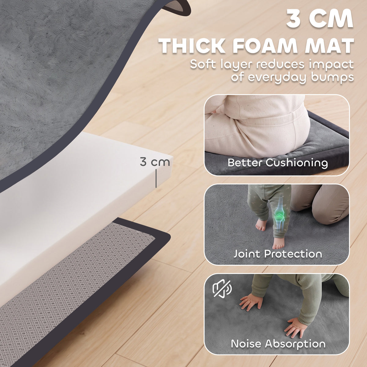 AIYAPLAY Baby Play Mat, 3CM Thick Foam Playmat Rug, Soft Flannel, Non-Slip, Water Resistant, Easy Care, 127 x 127 cm, Dark Grey