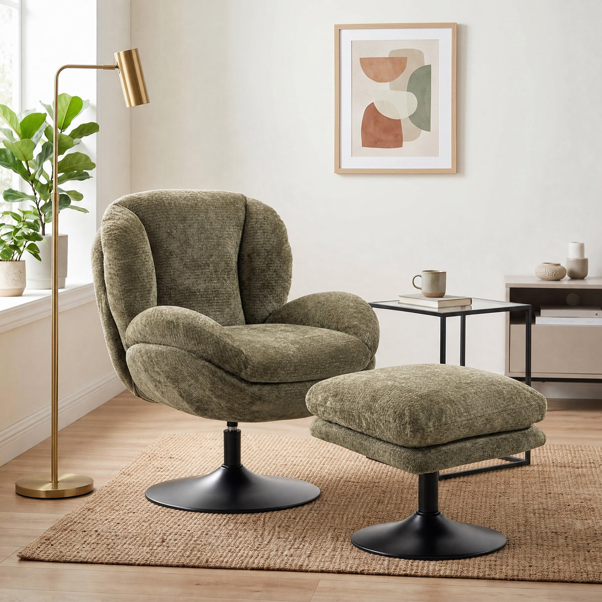 HOMCOM Modern Chenille Lazy Chair with Ottoman, 360Â° Swivel, Upholstered Reading Seat Set for Living Room, Dark Green