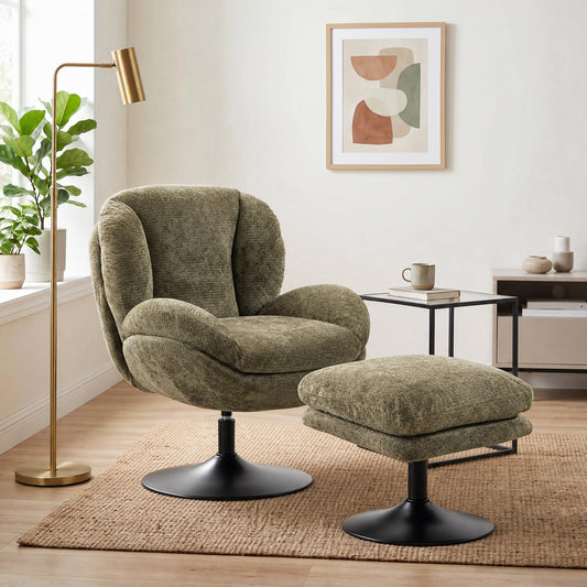 HOMCOM Modern Chenille Lazy Chair with Ottoman, 360Â° Swivel, Upholstered Reading Seat Set for Living Room, Dark Green