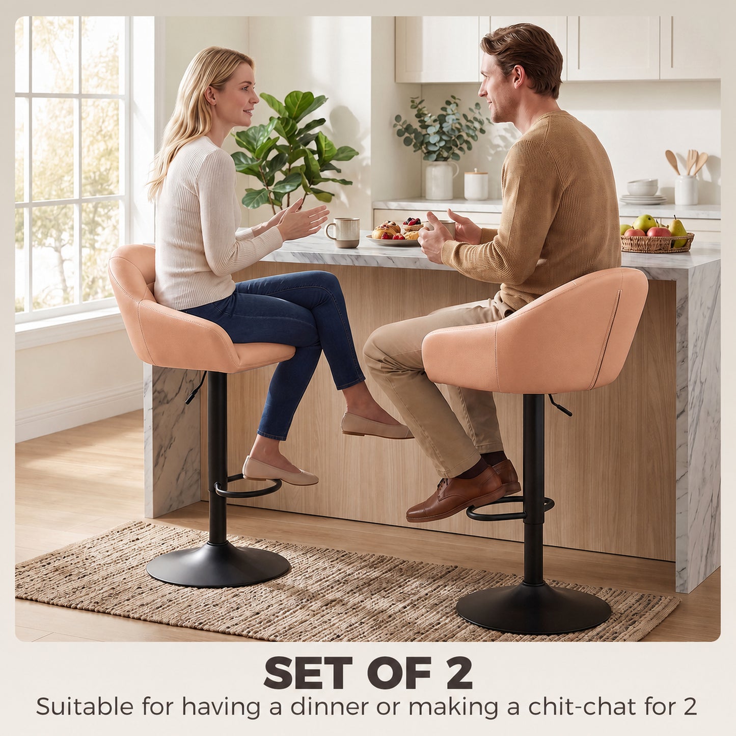 HOMCOM Bar Stools Adjustable Heights Breakfast Bar Stools Backrest Armrests Set of 2, Brown