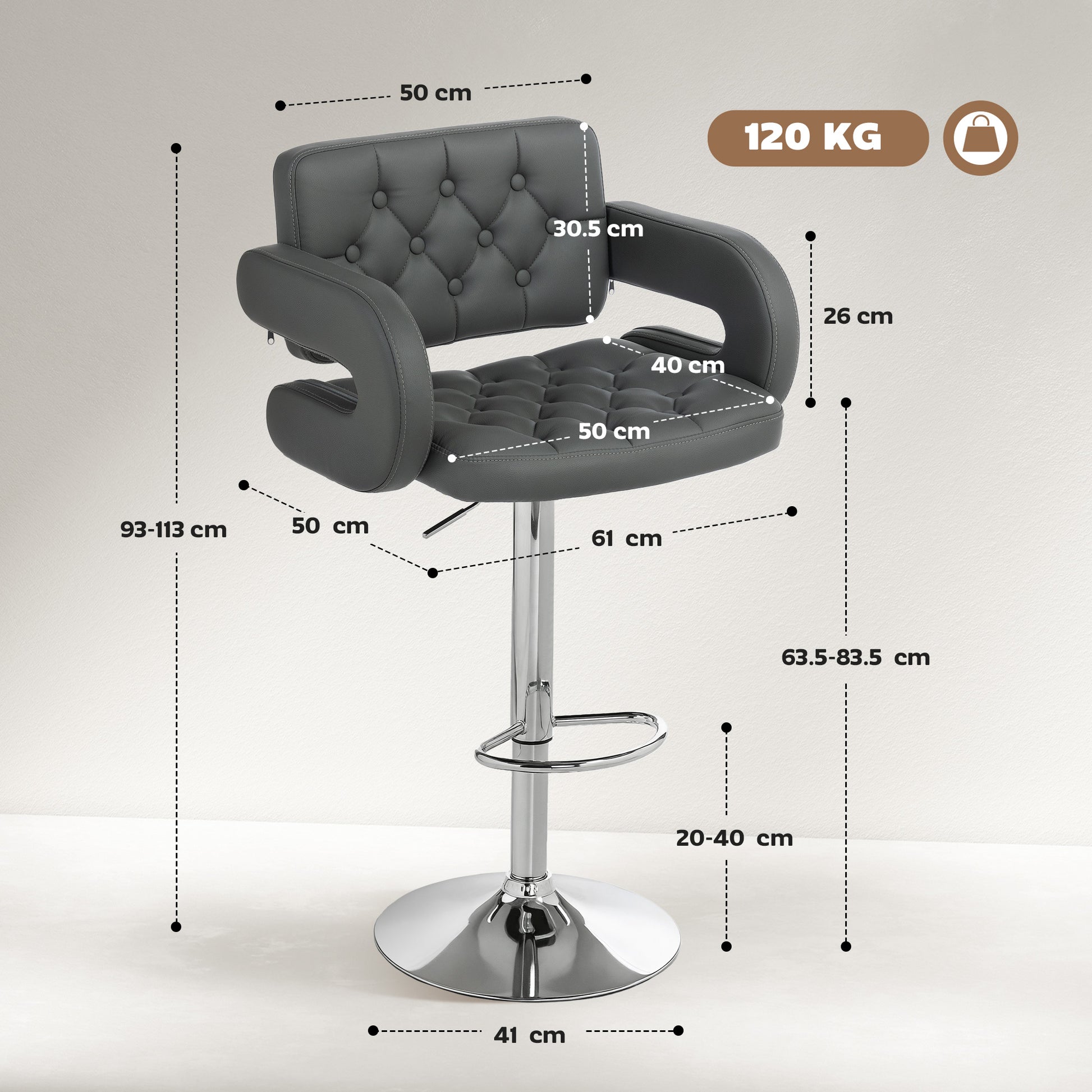 HOMCOM PU Leather Upholstered Swivel Bar Stool, Height Adjustable with Back, Armrest, Footrest, Grey
