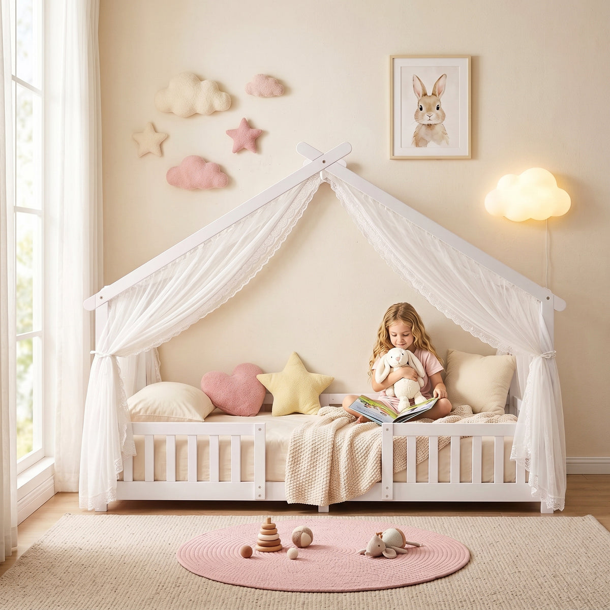AIYAPLAY Wooden Kids House Single Bed Frame, Solid Pine Wood Toddler Bed with Dual Guardrails for Children, Boys, Girls, White