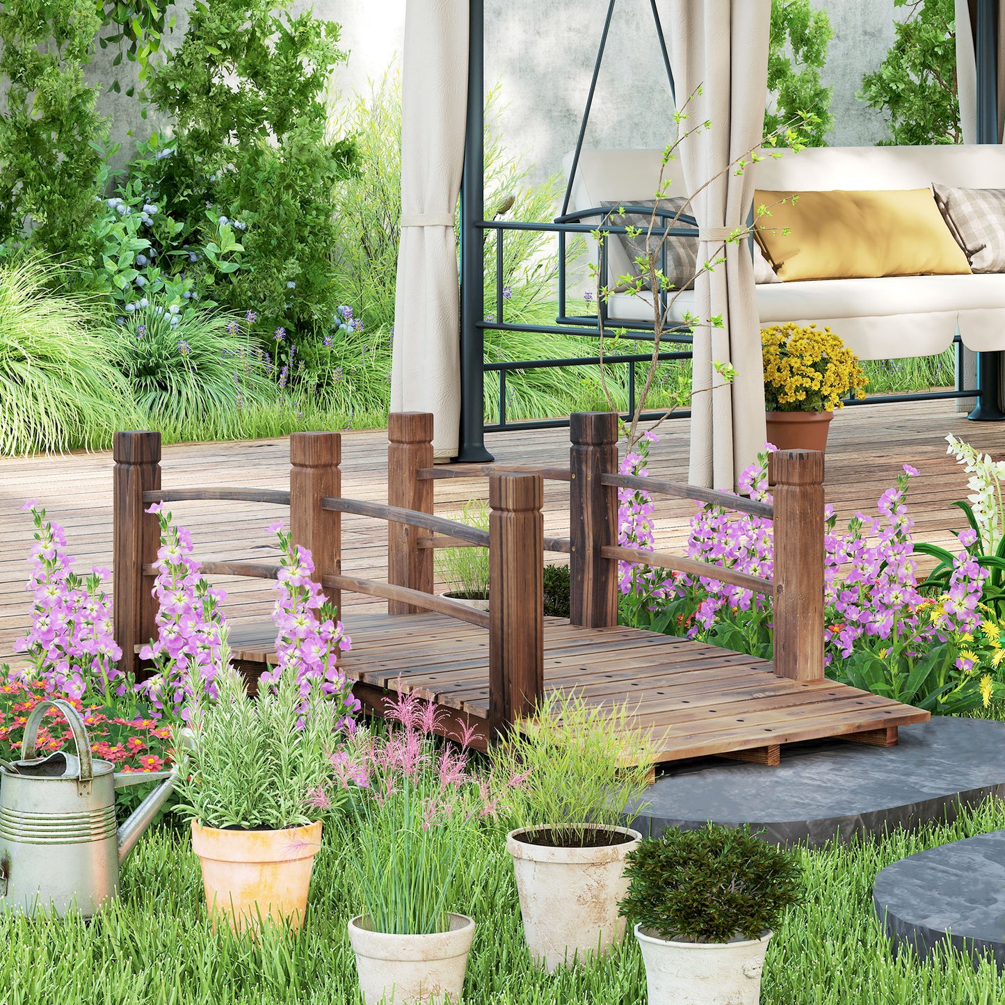 Outsunny 1.5M Wooden Garden Bridge Lawn DÃ©cor Stained Finish Arc Outdoor Pond Walkway w/ Railings Water Yard Decoration