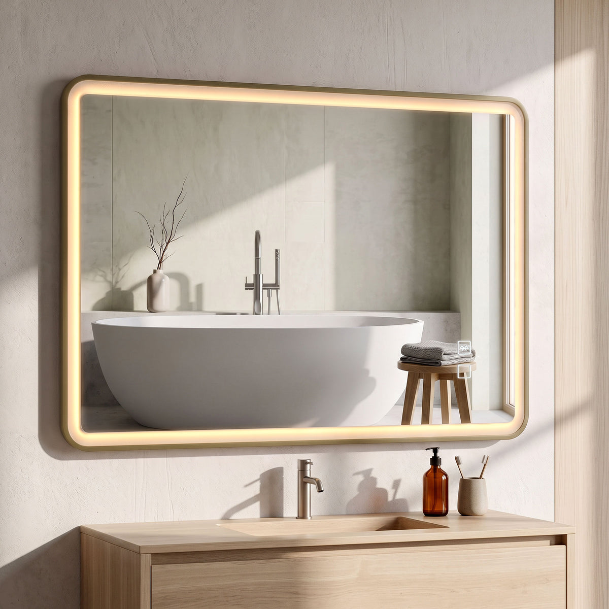HOMCOM Bathroom Mirror with LED Lights, 100x70cm Rectangle Bathroom Mirror, Dimmable, Bluetooth, Anti-Fog, Gold Tone