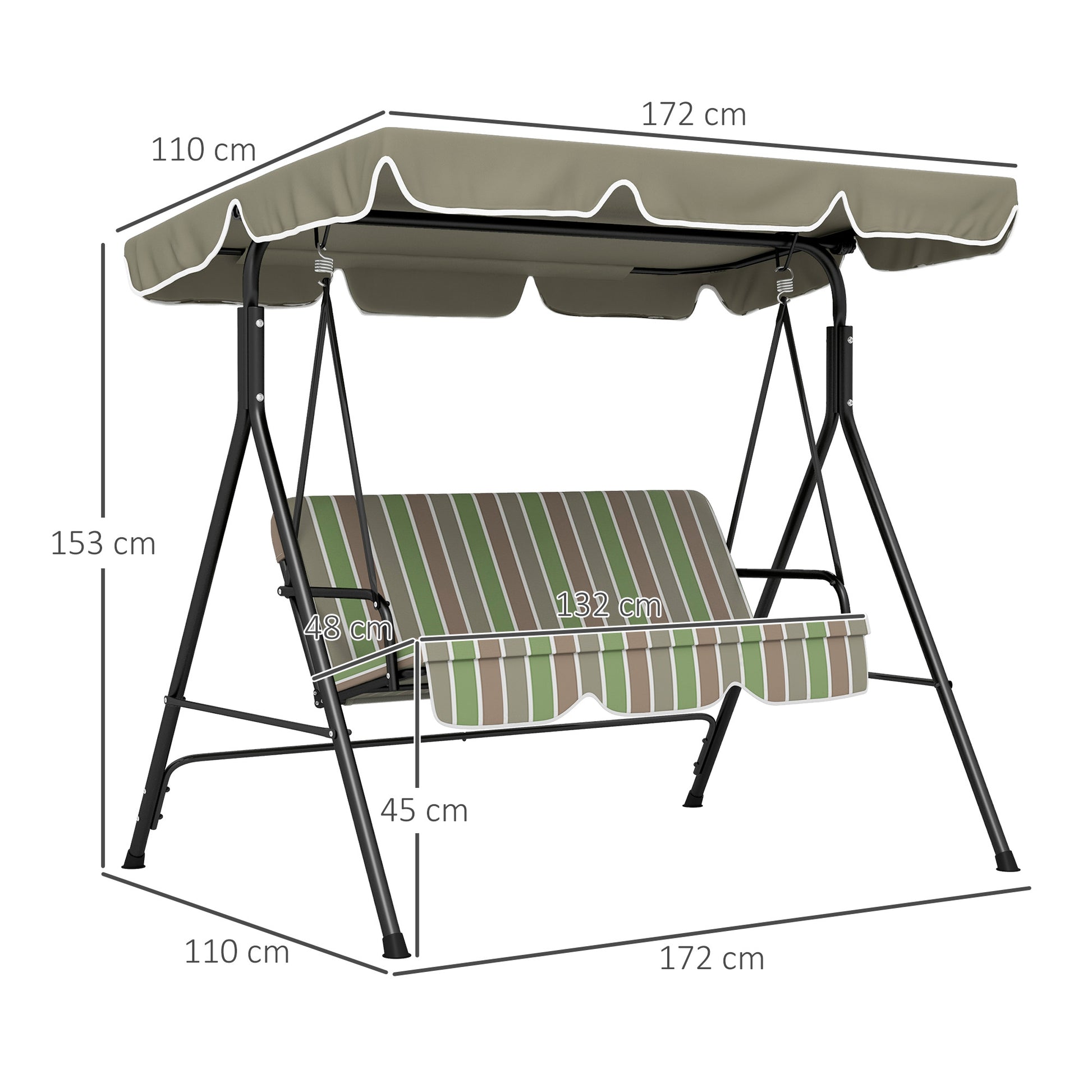  UV rays and mild rain.</li><li>Cushion seat: Keeps you comfortable. High back of the swing bench gives your body support.</li><li>Dimensions: 153H x 172L x 110Wcm. Seat: 45H x 130L x 46Wcm. Maximum load 240kg. Assembly required.</li></ul>
