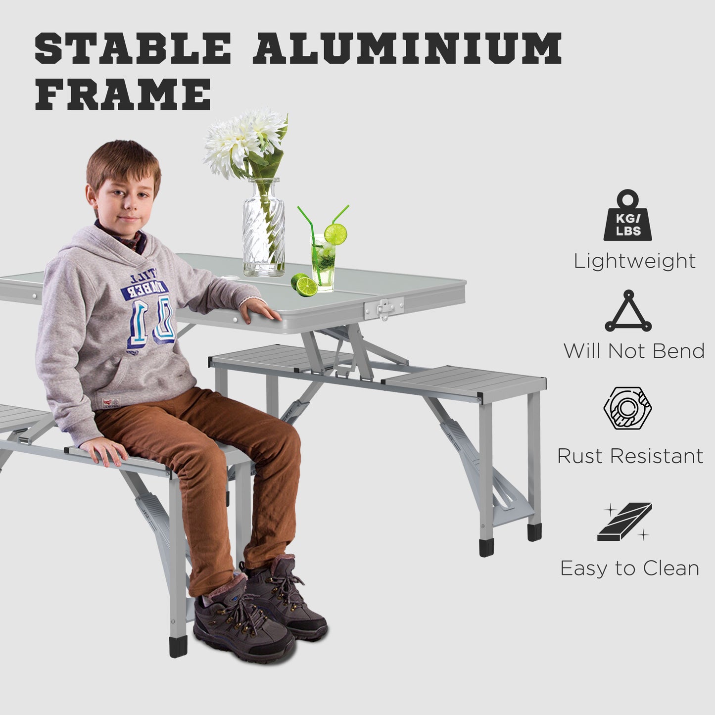 Outsunny Folding Picnic Table with 4 Seats and Umbrella Hole - Grey