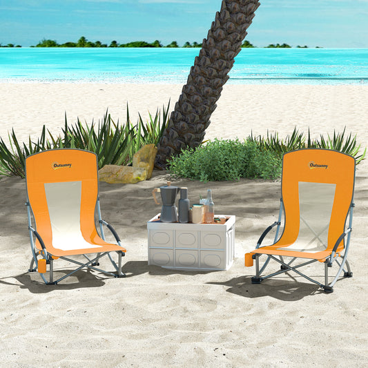 Outsunny Set of 2 Folding Beach Chair, Low Camping Chair with Mesh Back, Carry Bag and Cup Holder for Garden Outdoor Picnic Festival Travel, Orange