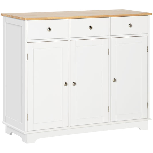 HOMCOM Sideboard with Rubber Wood Top, Modern Storage Cabinet with 3 Adjustable Shelves, White