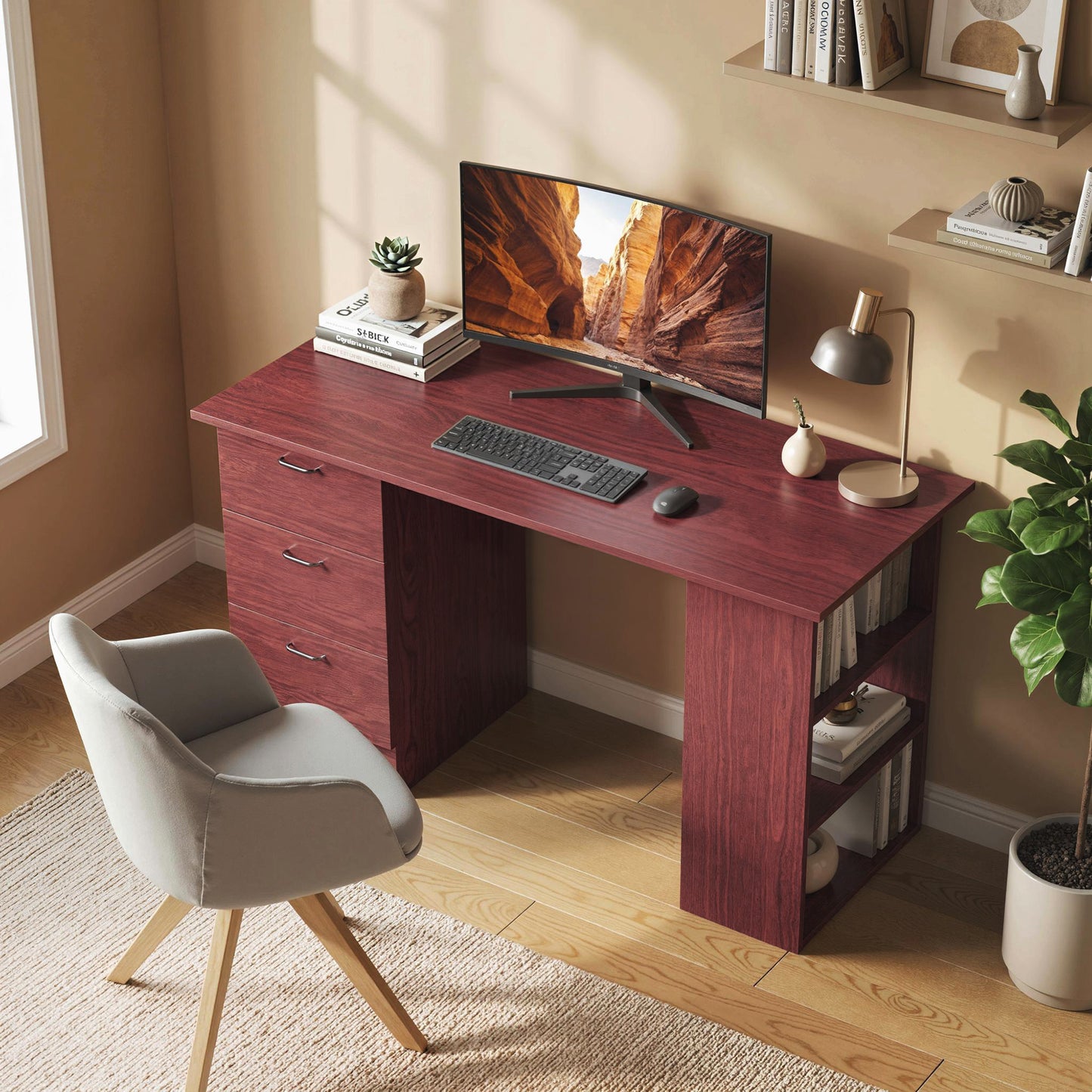 HOMCOM Computer Desk, Writing Table, PC Workstation with 3 Storage Shelves and Drawers, Handle, for Home Office, Walnut Brown