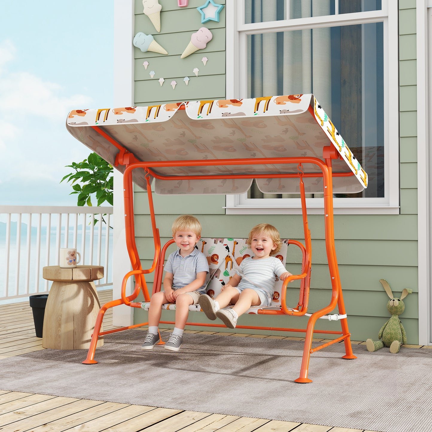 AIYAPLAY Kids Porch Swing, 2-Seater Patio Swing Bench Hammock with Seat Belts, Adjustable Canopy for Garden, Orange