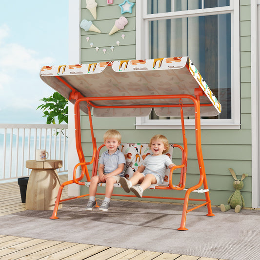 AIYAPLAY Kids Porch Swing, 2-Seater Patio Swing Bench Hammock with Seat Belts, Adjustable Canopy for Garden, Orange