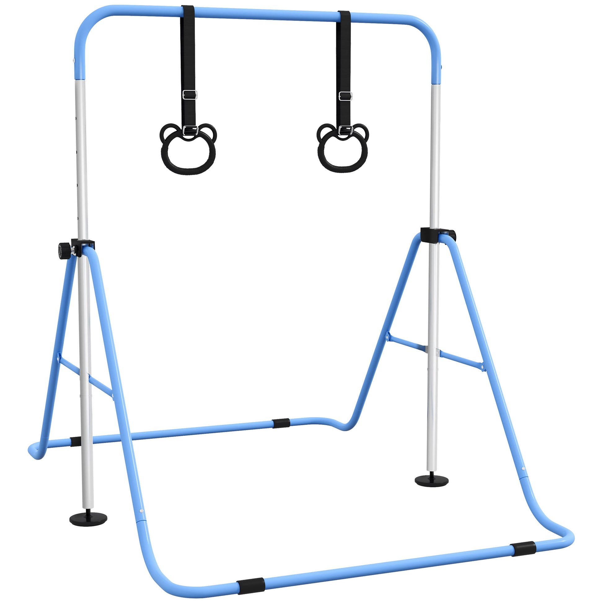 HOMCOM Adjustable Height, Foldable Kids Gymnastics Bar w/ Non-slip Rubber Floor Rings, for 3+ Years, Blue