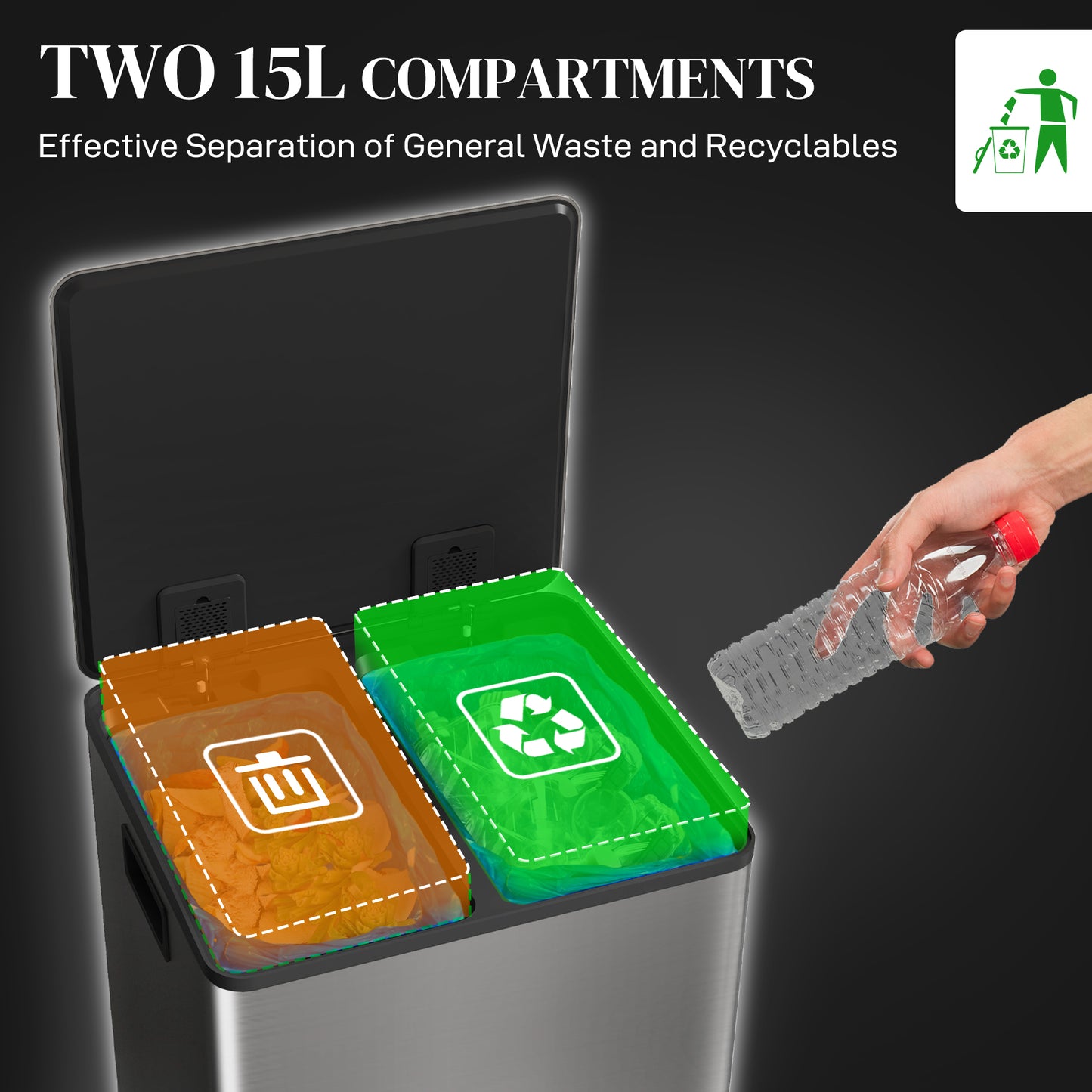 HOMCOM 30L Dual Compartment Stainless Steel Bin, with Deodoriser Holders - Silver Tone