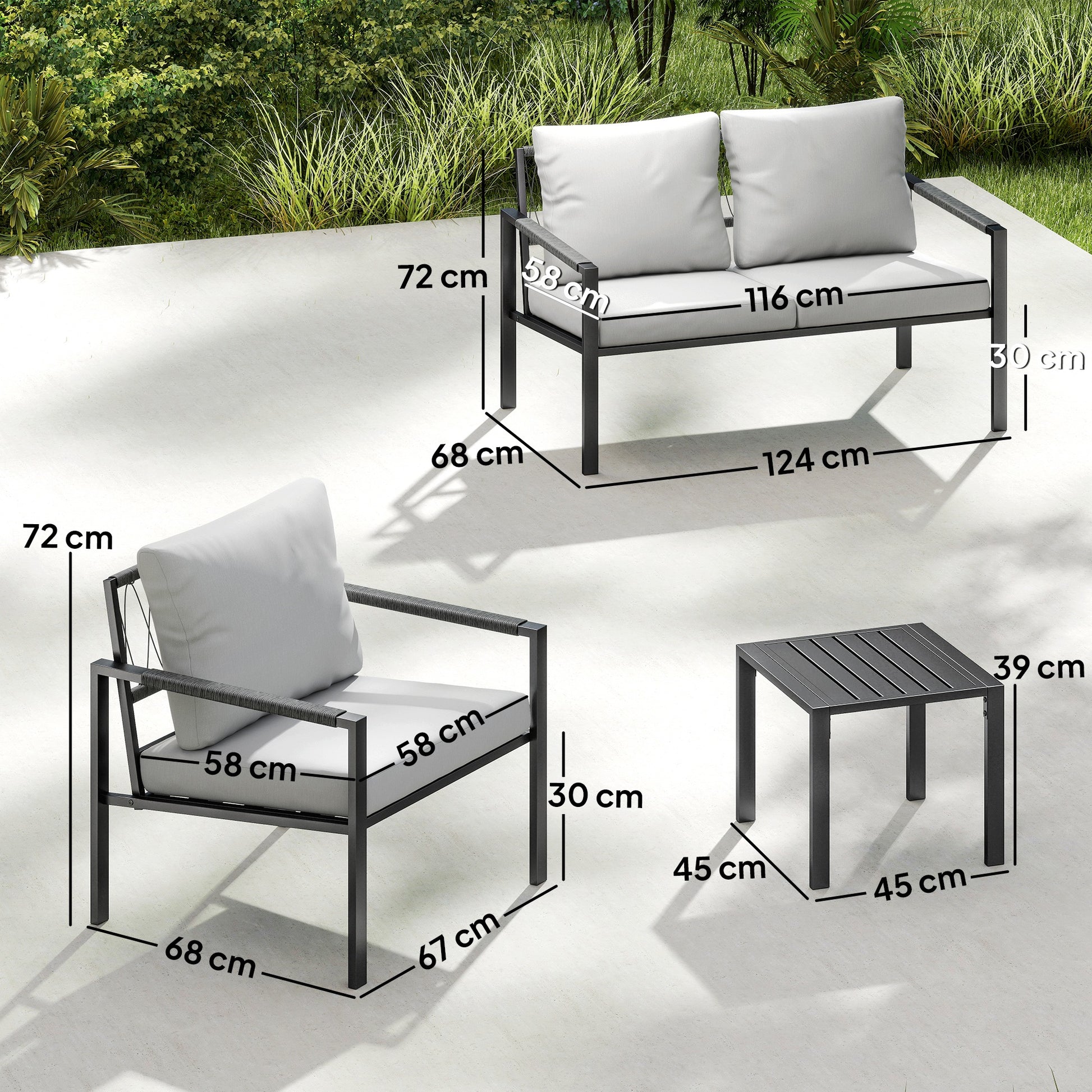Outsunny 5 Piece Metal Garden Furniture Sofa Set with Thickened Cushions, Loveseat, 2 Armchairs, 2 Coffee Tables, Light Grey