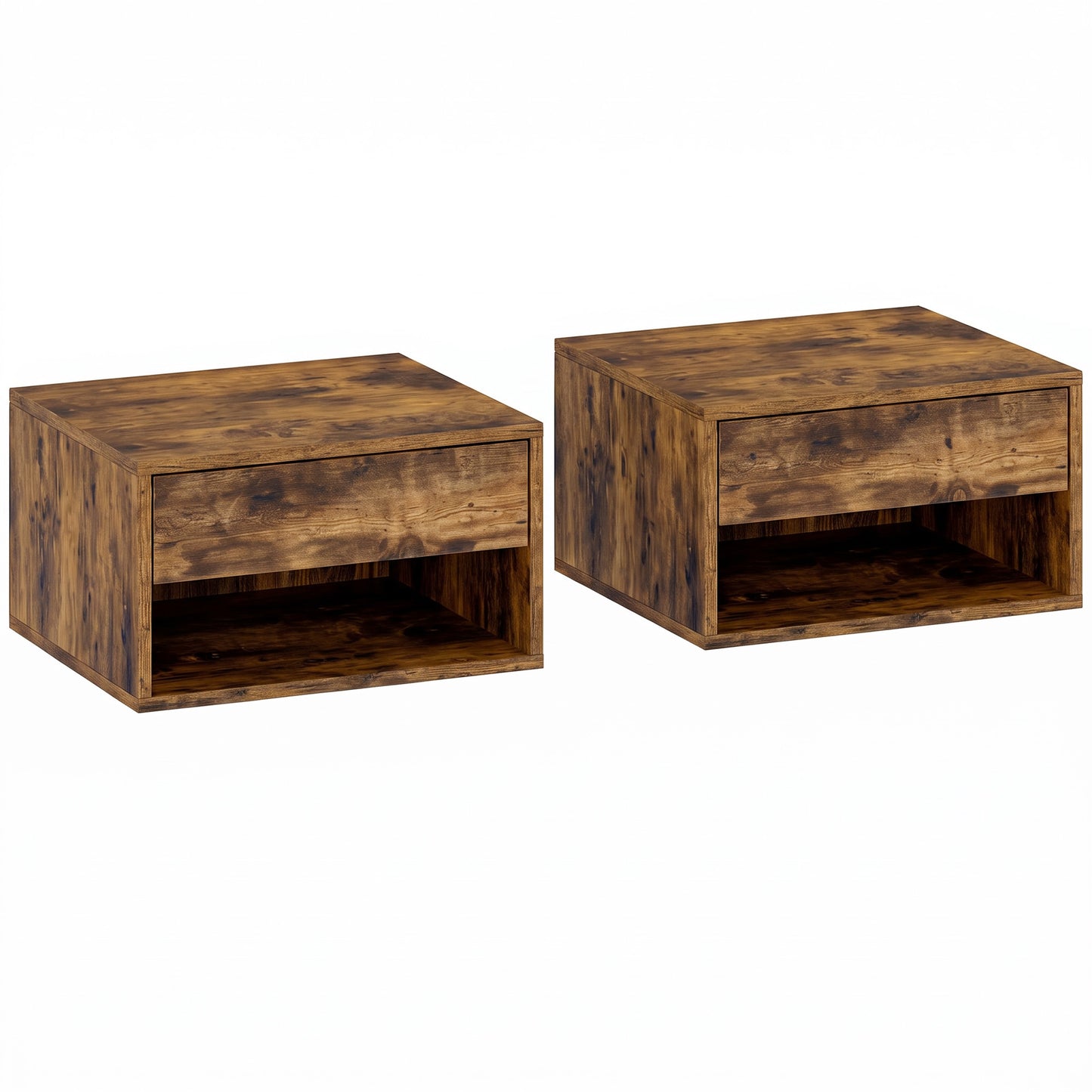 HOMCOM Set of Two Floating Bedside Tables - Rustic Brown