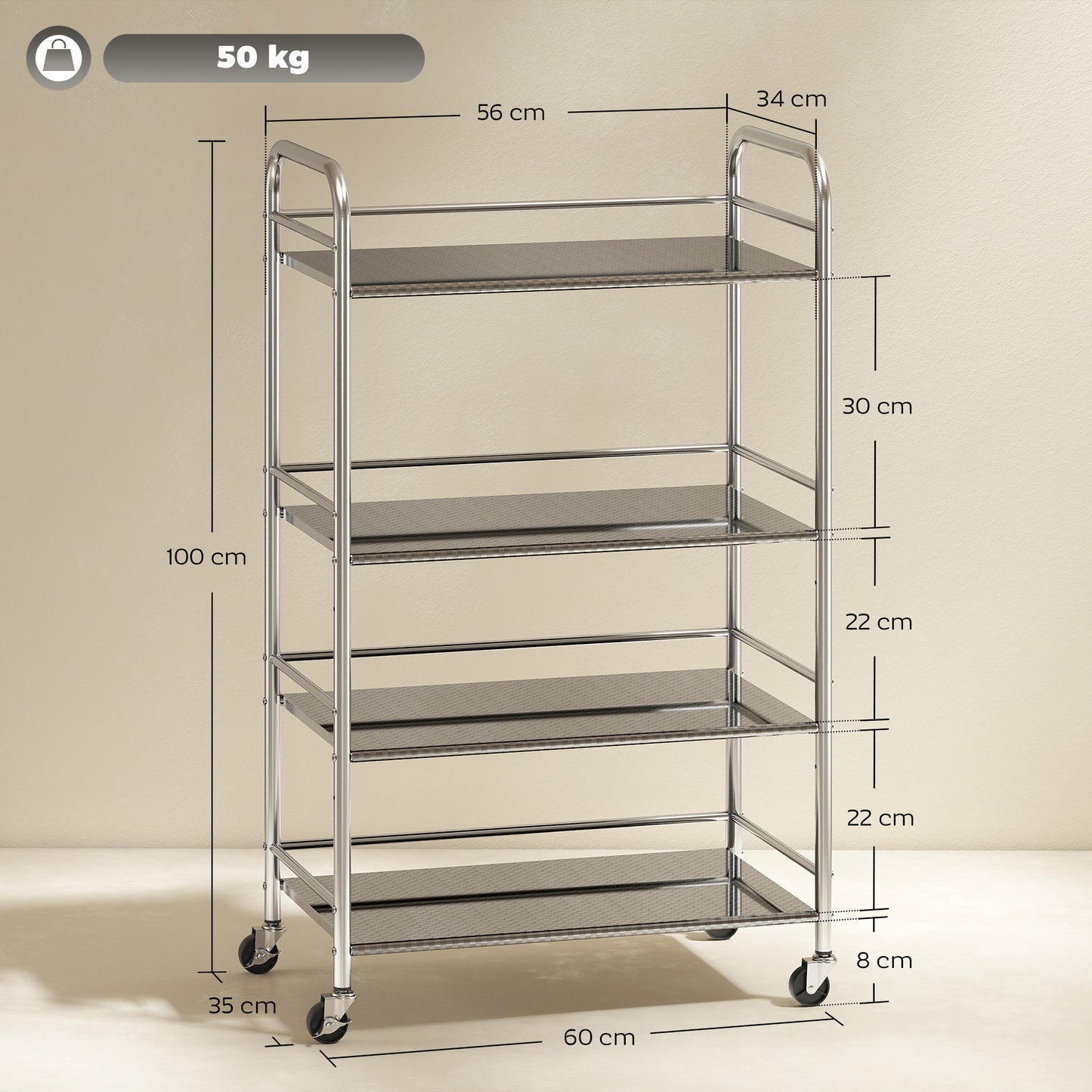 HOMCOM 4 Tier Stainless Steel Kitchen Storage Trolley with Adjustable Shelves - Silver