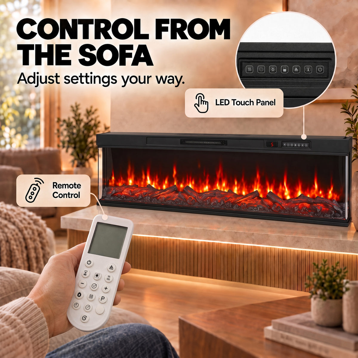HOMCOM 60" Electric Fireplace Insert, 3-Sided Freestanding/Wall Recessed Electric Fire Heater with Adjustable Flame, 1800W