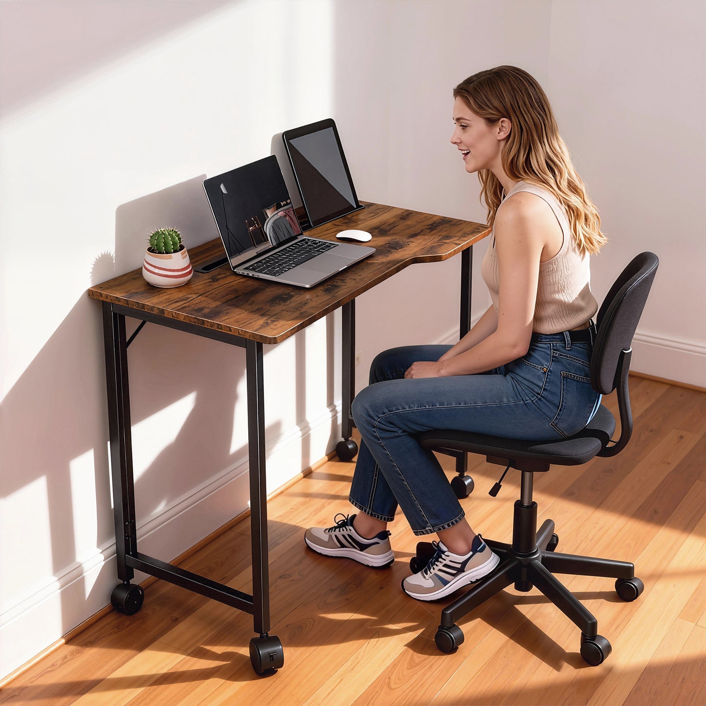 HOMCOM Folding Small Desk on Wheels - Rustic Brown