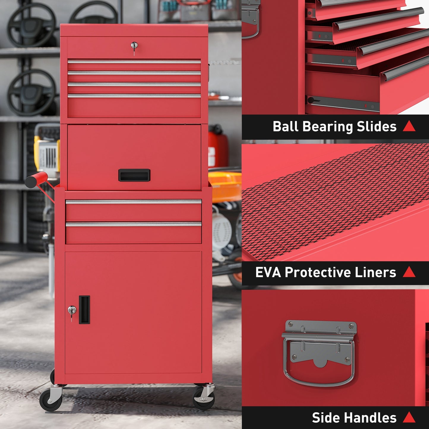 HOMCOM Three-Part Steel Locking Tool Chest - Red