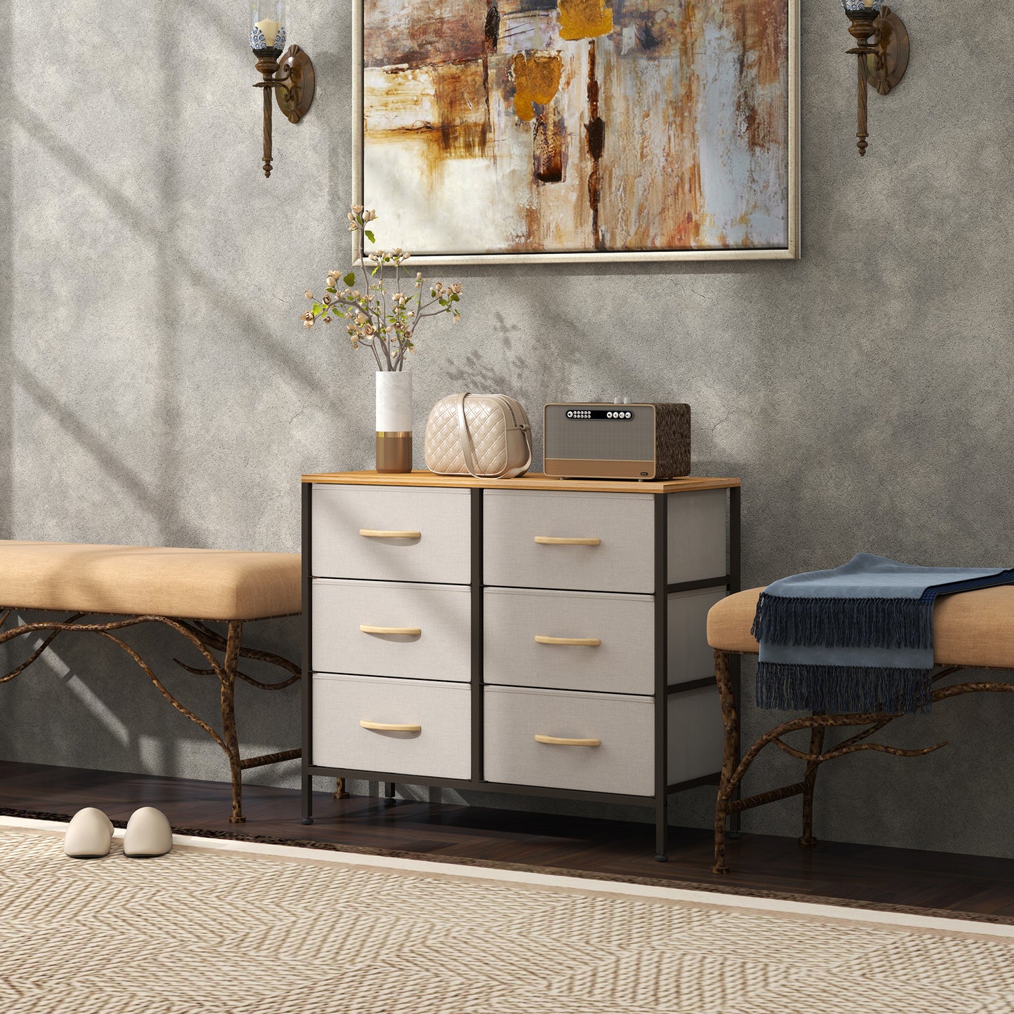 HOMCOM Fabric Chest of Drawers, Industrial Bedroom Dresser with 6 Fabric Drawers, Steel Frame and Wooden Top for Nursery, Living Room, Hallway, Cream White
