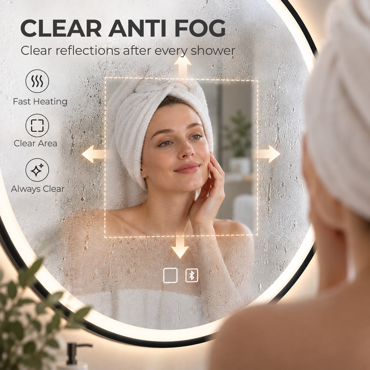 HOMCOM Bathroom Mirror with LED Lights, 60cm Round LED Bathroom Mirror with 3 Colours Dimmable, Bluetooth, Anti-Fog, Black