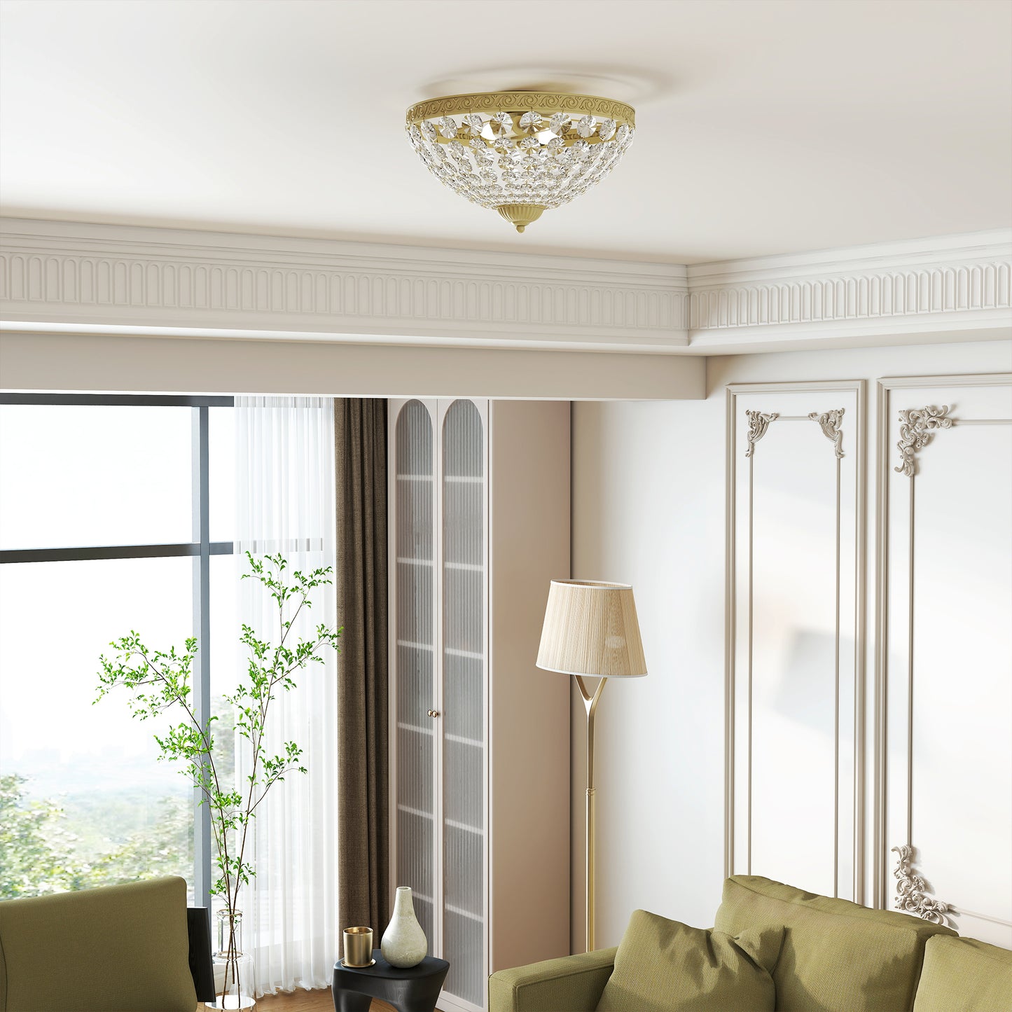 HOMCOM Crystal Chandelier Ceiling Light with 168 Octagonal Beads, Vintage 2-Light Flush Mount Ceiling Light for Living Room, Bedroom, Hallway, Dining Room, Gold Tone