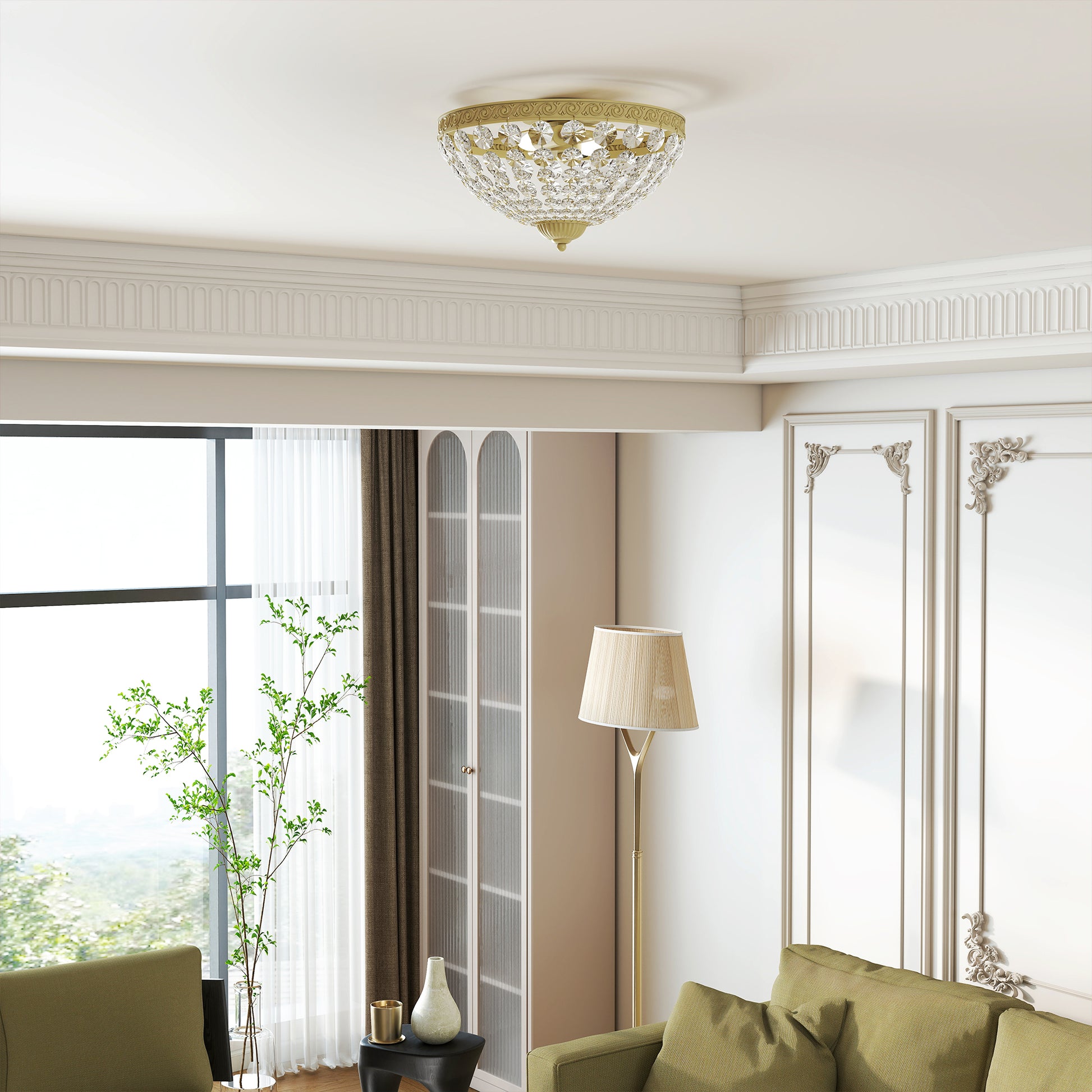 HOMCOM Crystal Chandelier Ceiling Light with 168 Octagonal Beads, Vintage 2-Light Flush Mount Ceiling Light for Living Room, Bedroom, Hallway, Dining Room, Gold Tone