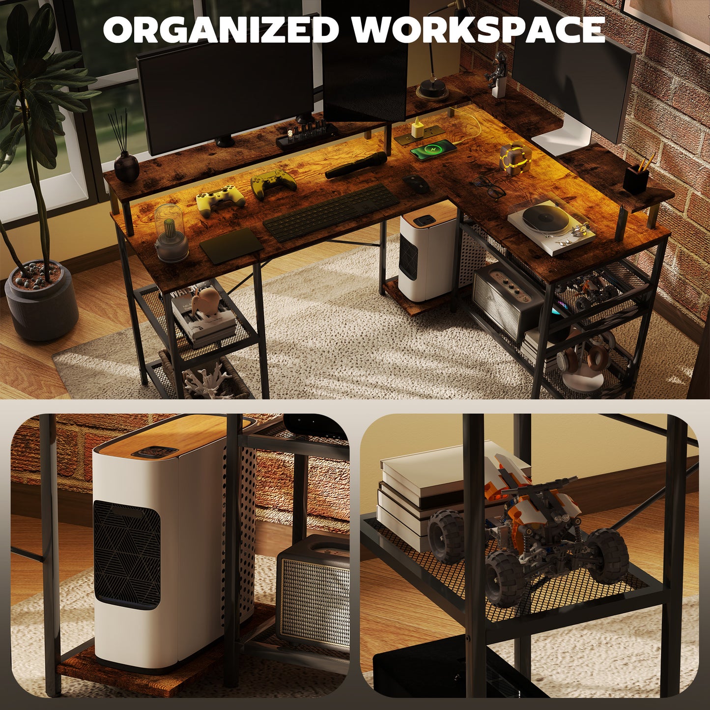 HOMCOM LED Light 'L' Computer Desk, with Shelves - Brown