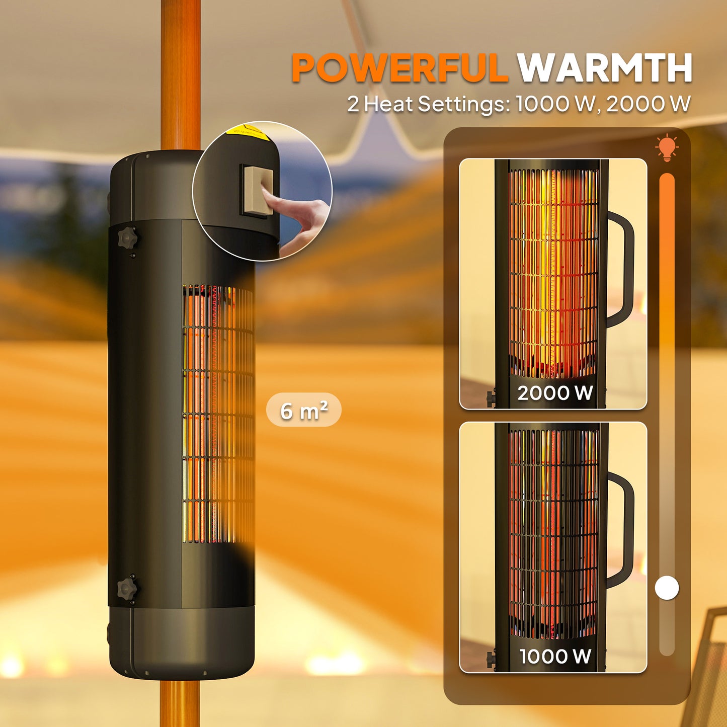 Outsunny Electric Umbrella Parasol Mounted Patio Heater for 25-70 mm Poles, 2000 W Outdoor Garden Heater with 2 Heat Setting, 6 ãŽ¡ Coverage, Tip-Over Protection, Black