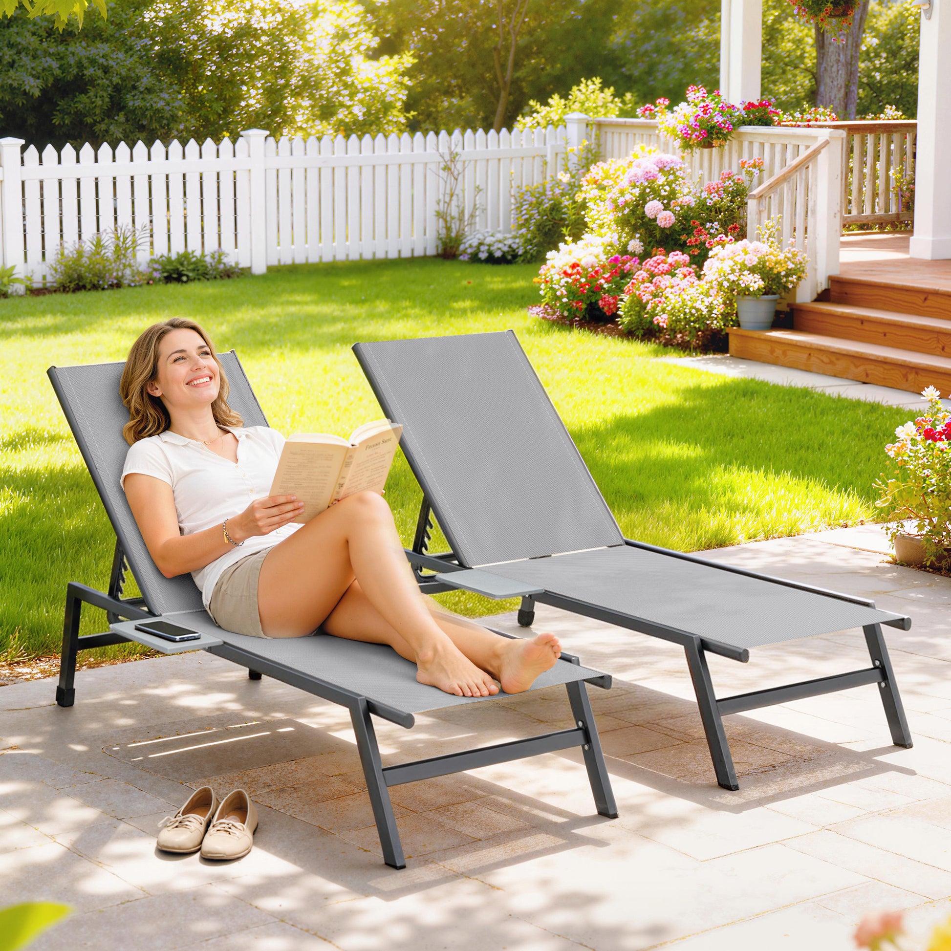 Outsunny Sun Loungers Set of 2 with Side Tray Table, Garden Recliners with 5-Position Adjustable Backrest, 2 Wheels, Grey