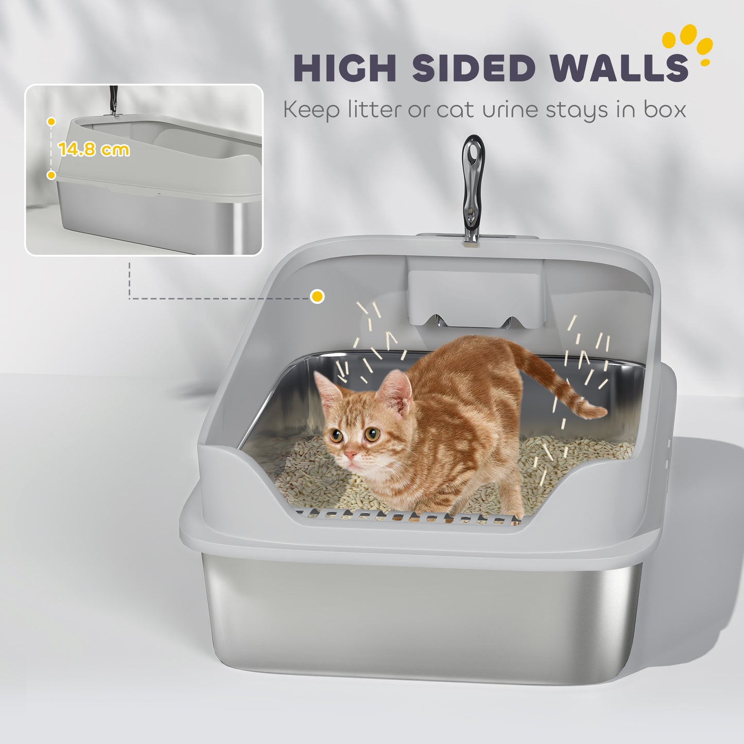 PawHut XXL Stainless Steel Cat Litter Box with High Sides, Metal Scoop, 70 x 50 x 30 cm